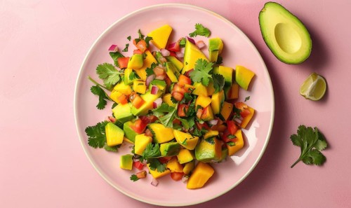 Avocado and mango salsa on a pastel pink plate AI generated