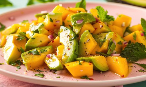Avocado and mango salsa on a pastel pink plate AI generated