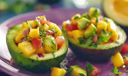 Avocado and mango salsa cups on a pastel purple plate AI generated