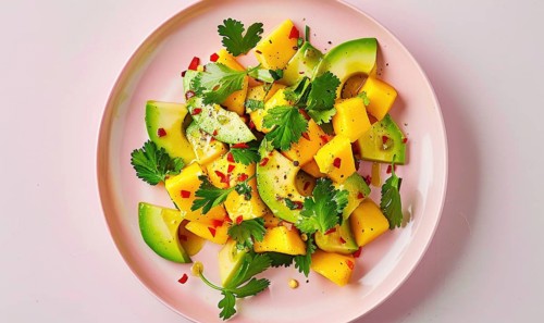 Avocado and mango salad with cilantro on a pastel pink plate AI generated