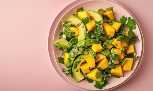 Avocado and mango salad with cilantro on a pastel pink plate AI generated