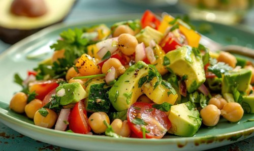 Avocado and chickpea salad on a pastel green plate AI generated