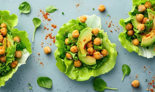 Avocado and chickpea salad in lettuce cups on a light blue background AI generated