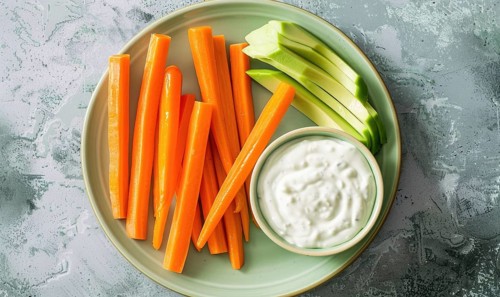 Avocado and carrot sticks with yogurt dip on a pastel green plate AI generated