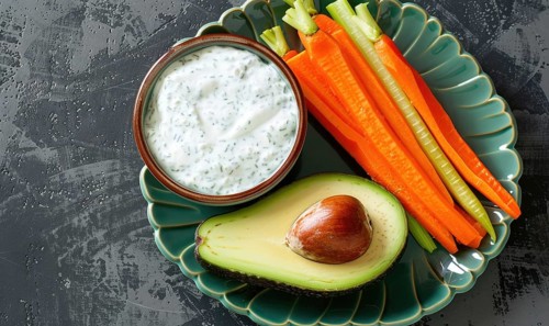 Avocado and carrot sticks with yogurt dip on a pastel green plate AI generated