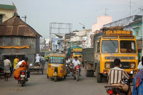 TAMIL NADU, INDIA, circa 2009: Traffic and pedestrians clash in the streets, circa 2009 in