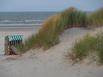 A wind-protected beach chair stands between dunes and grasses on the beach with a view of the sea