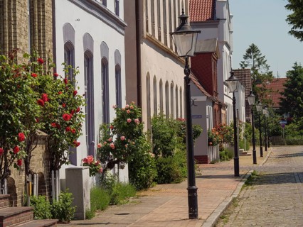 An idyllic street with historic buildings, blooming rose bushes and lampposts on a sunny summer's