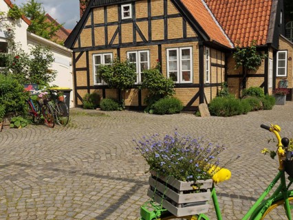 Half-timbered house with blooming flowers and a bicycle on a cobblestone street, Kappeln,