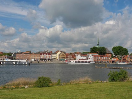 Panorama of a riverside town with historic buildings under a partly cloudy sky, Kappeln,
