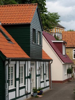 Houses with colourful roofs along a street, surrounded by windows and trees under a cloudy sky,