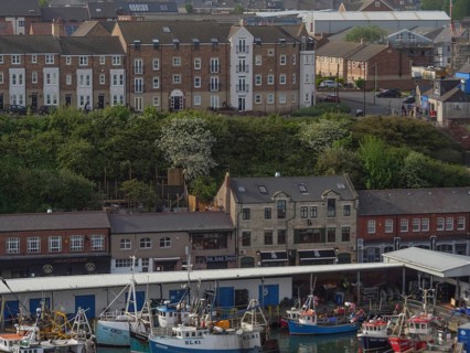 A view of a harbour area with fishing boats and town buildings in the background, Newcastle,