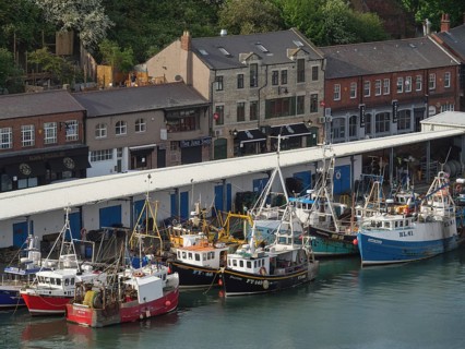 A busy harbour with fishing boats moored in front of several buildings on the shore, Newcastle,
