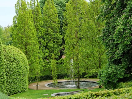 A beautiful garden with lush trees and a central fountain surrounded by paths, Newcastle, England,