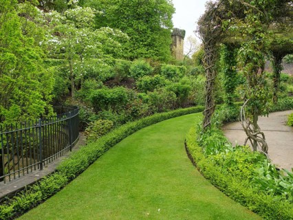 Beautiful garden with a curved path surrounded by green plants and trees, Newcastle, England,