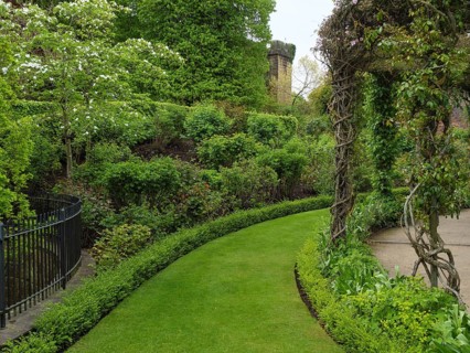 Green garden with manicured lawn path, surrounded by dense vegetation and an overgrown pavilion,