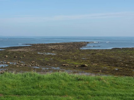 Clear views of the sea, rocks and a calm coastline under a blue sky, Newcastle, England, United