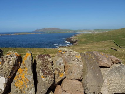 Lichen-covered stone wall along the coast with views of hills and the sea under a blue sky,