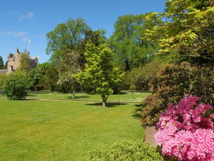A beautiful garden in spring with flowering bushes and trees in front of a castle, inverness,
