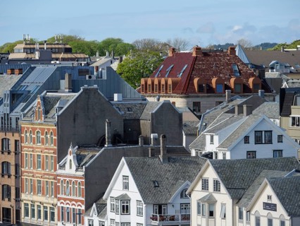 Urban roofscape with clear weather and different types of houses, Haugesund, Norway, Europe