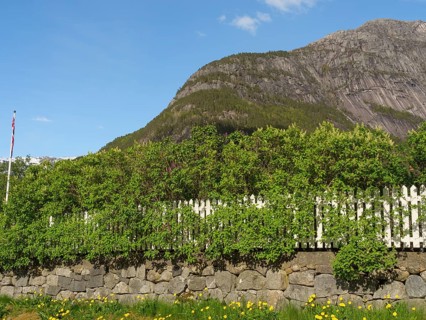A stone wall with a white fence and green surroundings in front of a mountain under a clear sky,