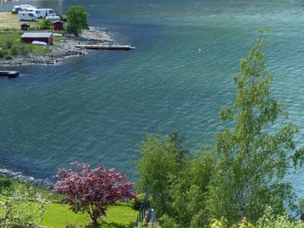 A lake with calm blue water, trees along the shore and some camping and boating facilities in the