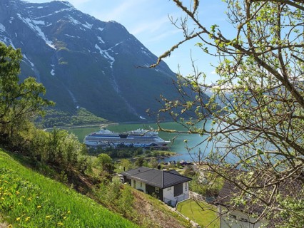 View of a house and a cruise ship in a lake surrounded by mountains and greenery, Eidfjord NOR 2