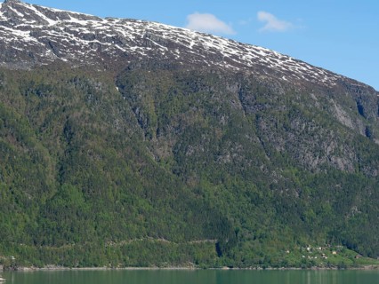 High mountain landscape with snow-capped peaks and green mountain slopes under a clear sky,