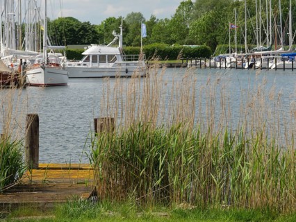 Harbour with several boats and sailing ships, surrounded by reeds and plants by the water, Arnis,
