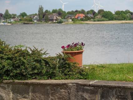 A flower pot stands in front of a riverbank with a village and wind turbines in the background,