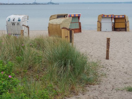 Some beach chairs on an empty beach with a view of the calm sea and tufts of grass in the