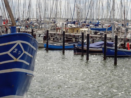 Boats in the harbour with many visible masts and water reflections, Maasholm, Schleswig-Holstein,