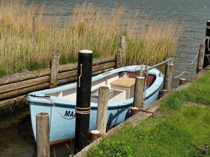 Blue boat in a small harbour surrounded by reeds and wooden jetties on a quiet shore, Maasholm,