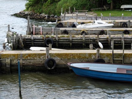 A quiet little harbour with several boats along a wooden jetty and surrounding green vegetation,