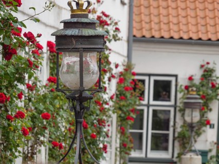 Nostalgic street lamp in front of a white house wall with red roses and windows in the background,
