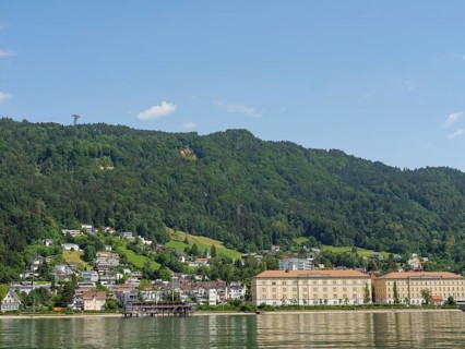 Large hotel building on a green hill, surrounded by smaller houses and forest on the shore of a