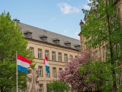 Historic building with two flags and a statue in front of a cloudy sky, Luxembourg City,