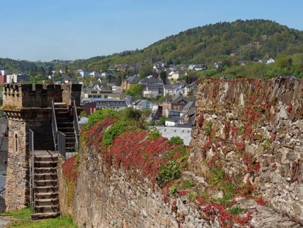 Historic tower and castle wall overlooking a green, hilly urban landscape on a sunny day, Saarburg,