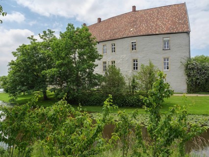 Historic castle building with red tiled roof, surrounded by green trees and a pond, Steinfurt,