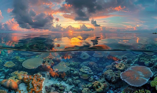 Split view of a sunset over the ocean with a vibrant sky and coral reef just below the water