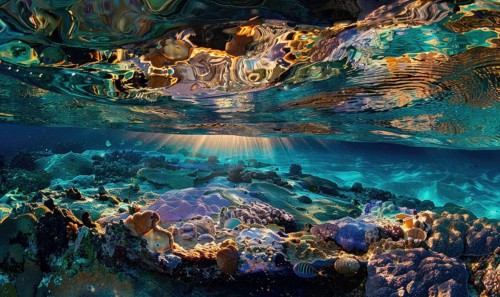 Sunlight penetrating the water surface, illuminating an intricate underwater coral reef with