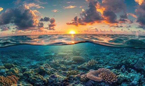 Half underwater view during sunset, showcasing colorful corals beneath the surface and a dramatic