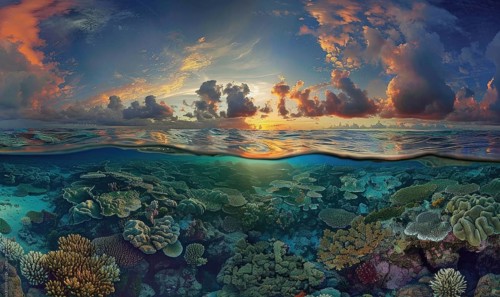 Split view image featuring a vibrant coral reef underwater and a dramatic sunset with colorful