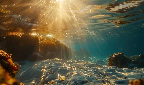 Sunlight streams through the water, illuminating coral and rocks on the ocean floor, creating a