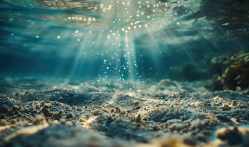 Underwater view with sun rays penetrating, illuminating the tranquil seabed with bubbles suspended