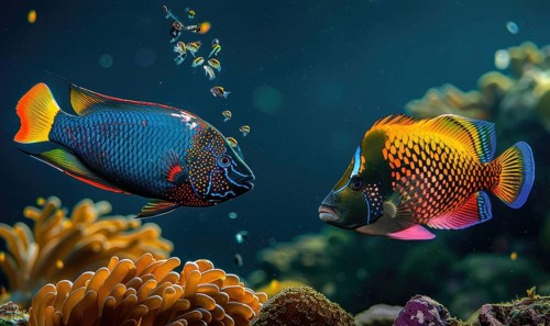 Cockerel fish and surgeonfish in the water closeup view AI generated