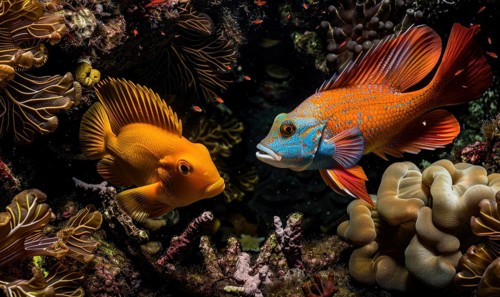Cockerel fish and surgeonfish in the water closeup view AI generated