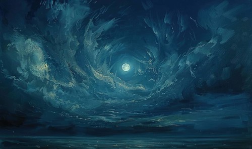 Painting of a moonlit night sky with wispy altostratus clouds AI generated