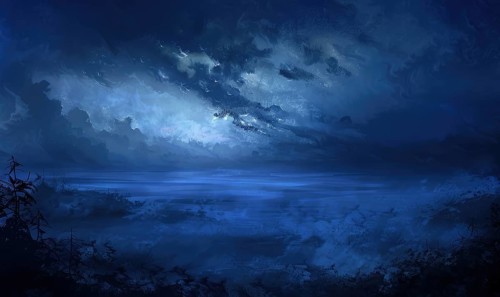 Painting of a foggy night sky with low-lying stratus clouds AI generated