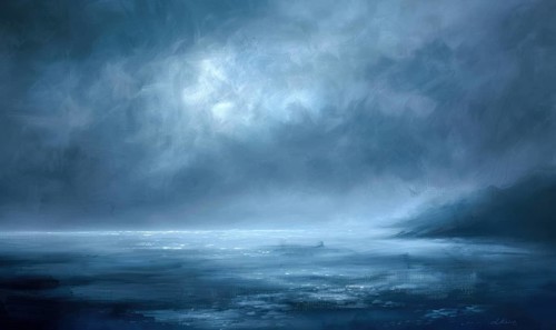 Painting of a foggy night sky with low-lying stratus clouds AI generated